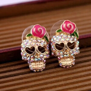 1 LEFT! Sugar Skull Rhinestone with Bow Stud Earrings